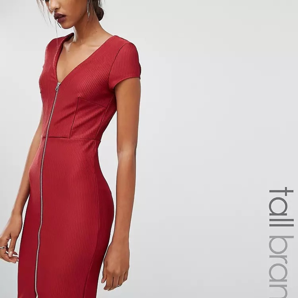 Y.A.S Tall Alice Zip Front Rib Bodycon Dress Medium Tall Size M in Red